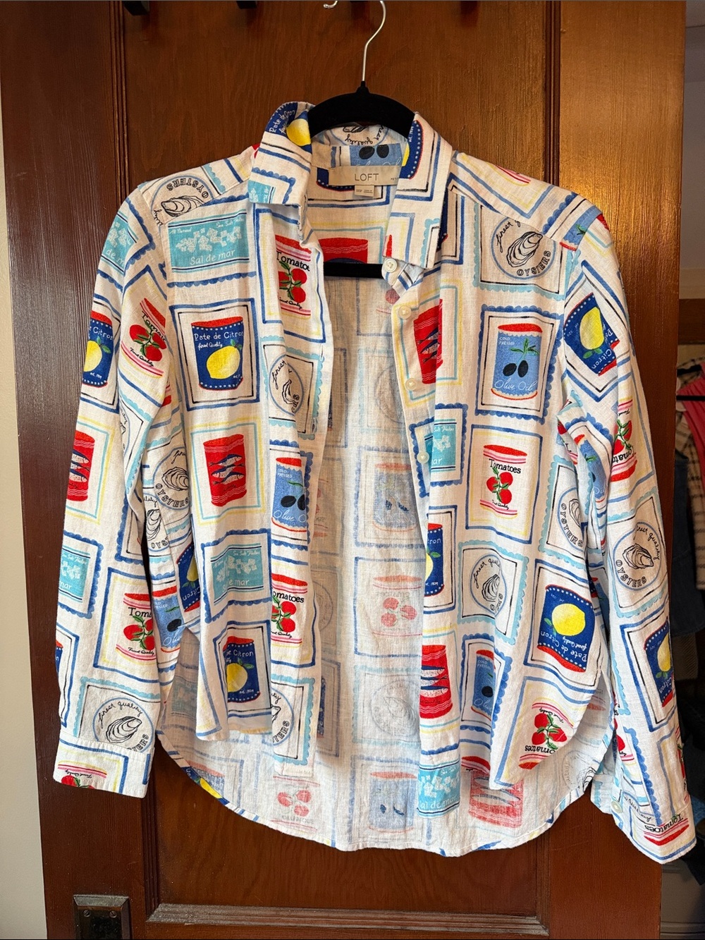 LOFT White Button-Up Shirt with Multicolor Canister Print